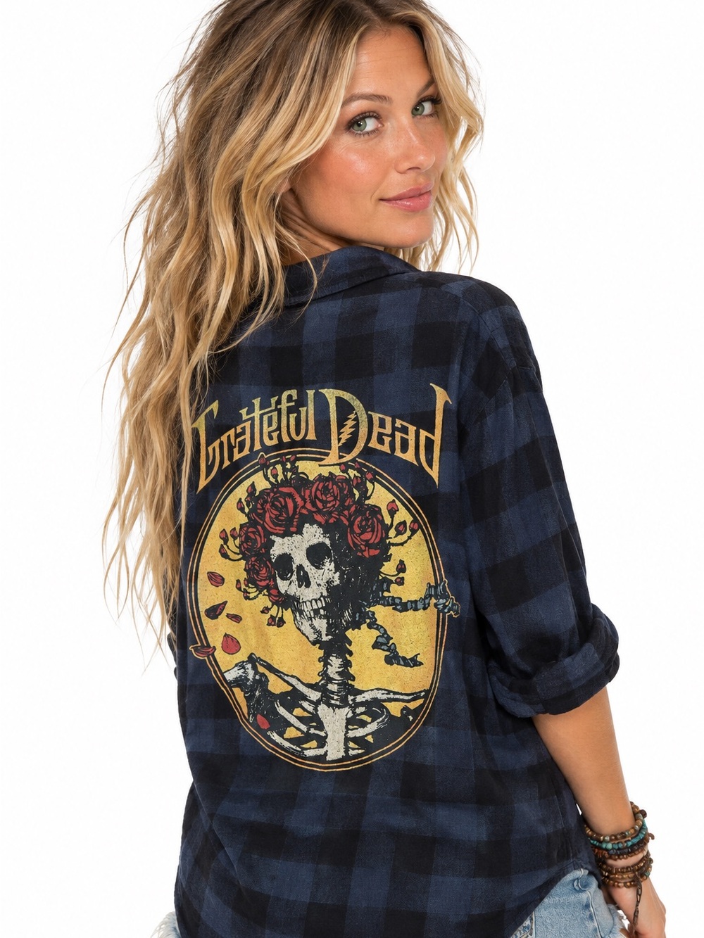 Grateful Dead 2022 Blue Black Plaid Flannel Skeleton Roses Graphic Shirt Medium